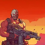 강력한 장갑을 착용하고 대형 총을 든 근육질의 가면 쓴 전사, 황혼의 하늘을 배경으로 서 있다