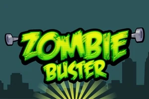 초록색의 ZOMBIE BUSTER 텍스트가 어두운 도시 실루엣 배경 위에 있으며, 양옆에 덤벨 그림이 있다