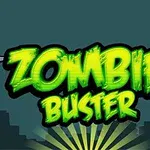 초록색의 ZOMBIE BUSTER 텍스트가 어두운 도시 실루엣 배경 위에 있으며, 양옆에 덤벨 그림이 있다