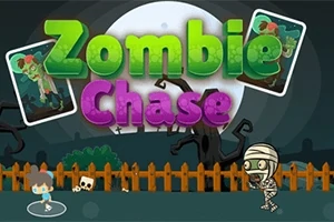 Zombie Chase라는 제목 아래 울타리 앞에서 좀비와 소년이 있는 만화 스타일의 장면