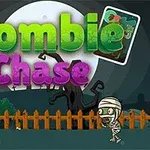 Zombie Chase라는 제목 아래 울타리 앞에서 좀비와 소년이 있는 만화 스타일의 장면