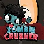 만화 스타일의 좀비가 가운데에 있고 그 아래로는 ZOMBIE CRUSHER라는 텍스트가 혈흔과 함께 배치되어 있습니다