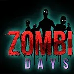빨간색 ZOMBIE 글자와 보라색 DAYS 글자 뒤로 검은 실루엣의 좀비들이 서 있으며, 어두운 배경에 빛나는 눈이 강조되어 있다