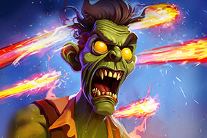 초록색 피부에 노란 눈을 가진 괴물이 불타는 물체들이 날아다니는 하늘 아래에서 소리를 지르고 있는 모습