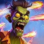 초록색 피부에 노란 눈을 가진 괴물이 불타는 물체들이 날아다니는 하늘 아래에서 소리를 지르고 있는 모습