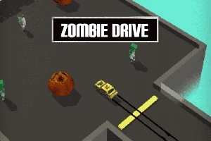 도로 위 자동차와 좀비 캐릭터들이 있는 간단한 그래픽의 게임 화면