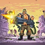 근육질의 남성이 황폐화된 도시 배경에서 대형 총을 발사하고 있다