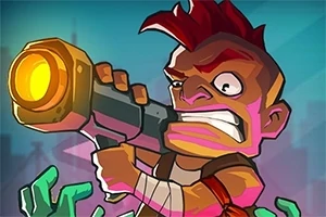 붉은 모히칸 헤어스타일의 캐릭터가 큰 무기를 들고 있는 모습