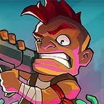 붉은 모히칸 헤어스타일의 캐릭터가 큰 무기를 들고 있는 모습