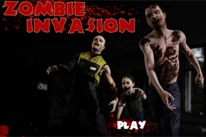 좀비들이 어두운 배경에서 다가오는 모습과 ZOMBIE INVASION이라는 빨간색 텍스트가 있는 이미지