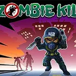 가스를 착용한 군인이 칼과 총을 들고 좀비들 앞에 서 있는 모습