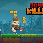 만화 스타일의 유령 묘지 배경에서 총을 든 주인공이 헬멧을 쓴 좀비를 피하며 동전을 수집하는 모습