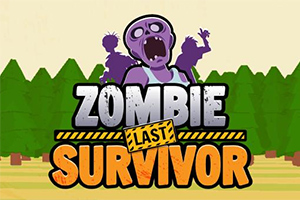보라색 좀비가 있는 ZOMBIE LAST SURVIVOR 로고와 배경의 나무들