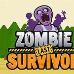 보라색 좀비가 있는 ZOMBIE LAST SURVIVOR 로고와 배경의 나무들