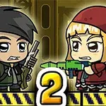 만화 스타일의 남성과 여성이 서로 마주보고 총을 들고 있는 모습과 중앙 하단에 숫자 2가 있다