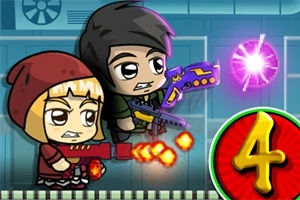 만화 스타일의 두 사람이 각각 다른 무기를 들고 빛나는 구체를 향해 나아가는 모습과 숫자 4가 그려진 이미지