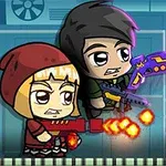 만화 스타일의 두 사람이 각각 다른 무기를 들고 빛나는 구체를 향해 나아가는 모습과 숫자 4가 그려진 이미지