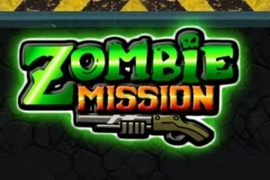 녹색과 주황색으로 강조된 Zombie Mission이라는 글자가 중앙에 있고 그 아래에 총이 그려져 있다