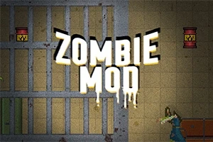 회색 배경에 ZOMBIE MOD라는 텍스트가 중앙에 있으며, 주변에 좀비와 방사능 기호가 있는 드럼이 배치되어 있다