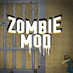 회색 배경에 ZOMBIE MOD라는 텍스트가 중앙에 있으며, 주변에 좀비와 방사능 기호가 있는 드럼이 배치되어 있다