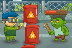 고글을 쓴 캐릭터가 주사기를 들고 빨간 드럼통 앞에 서 있고, 초록색 피부의 좀비가 나무 막대를 들고 있는 장면