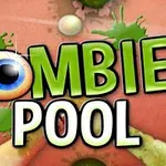 ZOMBIE POOL이라는 텍스트와 큰 눈 모양이 있는 이미지