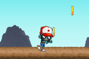 야구 모자를 쓴 만화 스타일의 좀비가 들판을 걷고 있으며 하늘에 코인들이 떠 있다