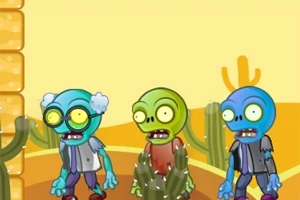 세 마리의 만화 스타일의 좀비들이 사막 배경 앞에 서 있습니다