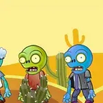 세 마리의 만화 스타일의 좀비들이 사막 배경 앞에 서 있습니다