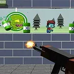 벽돌 벽 앞에서 총을 쏘고 있으며, 창문 너머로 좀비 캐릭터와 병들이 보입니다