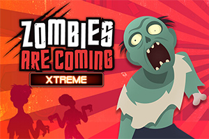 붉은 배경에 만화 스타일의 좀비가 입을 벌리고 있고, 왼쪽에는 그림자 실루엣과 ZOMBIES ARE COMING XTREME 텍스트가 있는 이미지