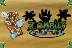 야자수와 검은 손 그림, Zombies At The Beach 로고 옆에 얼음에 갇힌 좀비가 있는 이미지