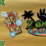 야자수와 검은 손 그림, Zombies At The Beach 로고 옆에 얼음에 갇힌 좀비가 있는 이미지