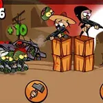 사람들이 상자 위에서 총을 들고 있고, 좀비들이 자동차 잔해 근처에서 다가오는 만화 스타일 이미지