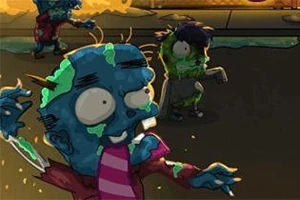 파란 피부와 분홍색 넥타이를 한 만화 스타일의 좀비들이 어두운 배경에서 걷고 있는 모습