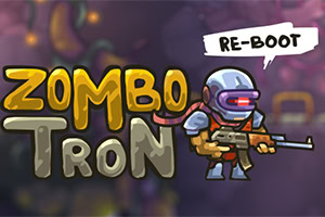 헬멧을 쓴 캐릭터가 총을 들고 있는 모습과 함께, Zombotron이라는 텍스트가 있는 이미지