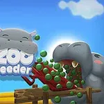 하늘 아래 큰 입을 벌린 하마가 녹색 구슬이 담긴 바구니 쪽으로 머리를 향하고 있는 장면