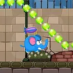 파란 코끼리가 날개를 달고 벽 앞을 지나며 초록색 보석들이 줄지어 있는 모습