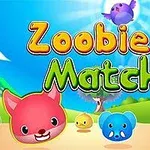 알록달록한 동물 캐릭터들과 밝은 하늘, 나무 배경 위에 Zoobies Match라는 텍스트가 있는 이미지