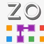 ZOP라는 글자 위에 다양한 색상의 정사각형들이 배열되어 있으며 보라색 도형이 연결되어 있습니다