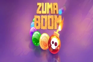 보라색 배경에 ZUMA BOOM 글자와 다양한 색상의 구슬, 폭탄 모양 이미지