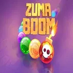 보라색 배경에 ZUMA BOOM 글자와 다양한 색상의 구슬, 폭탄 모양 이미지