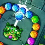 개구리가 다양한 색상의 공을 발사하여 선에 있는 공들과 맞추고 있는 장면